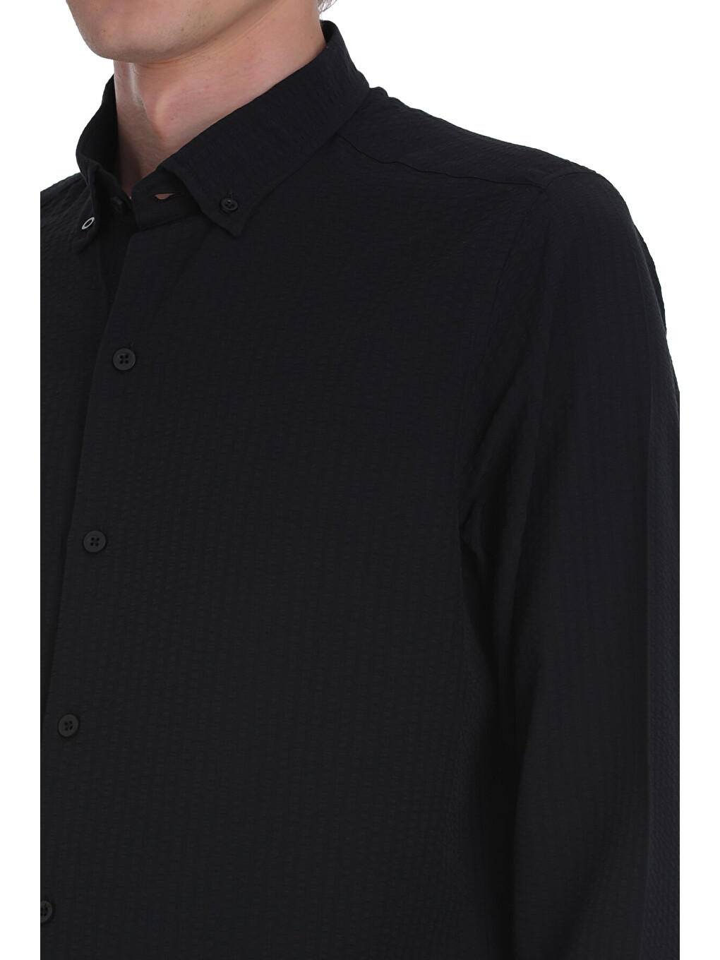 Siyah Comfort Fit Düğmeli Yaka Uzun Kollu Casual Gömlek-3