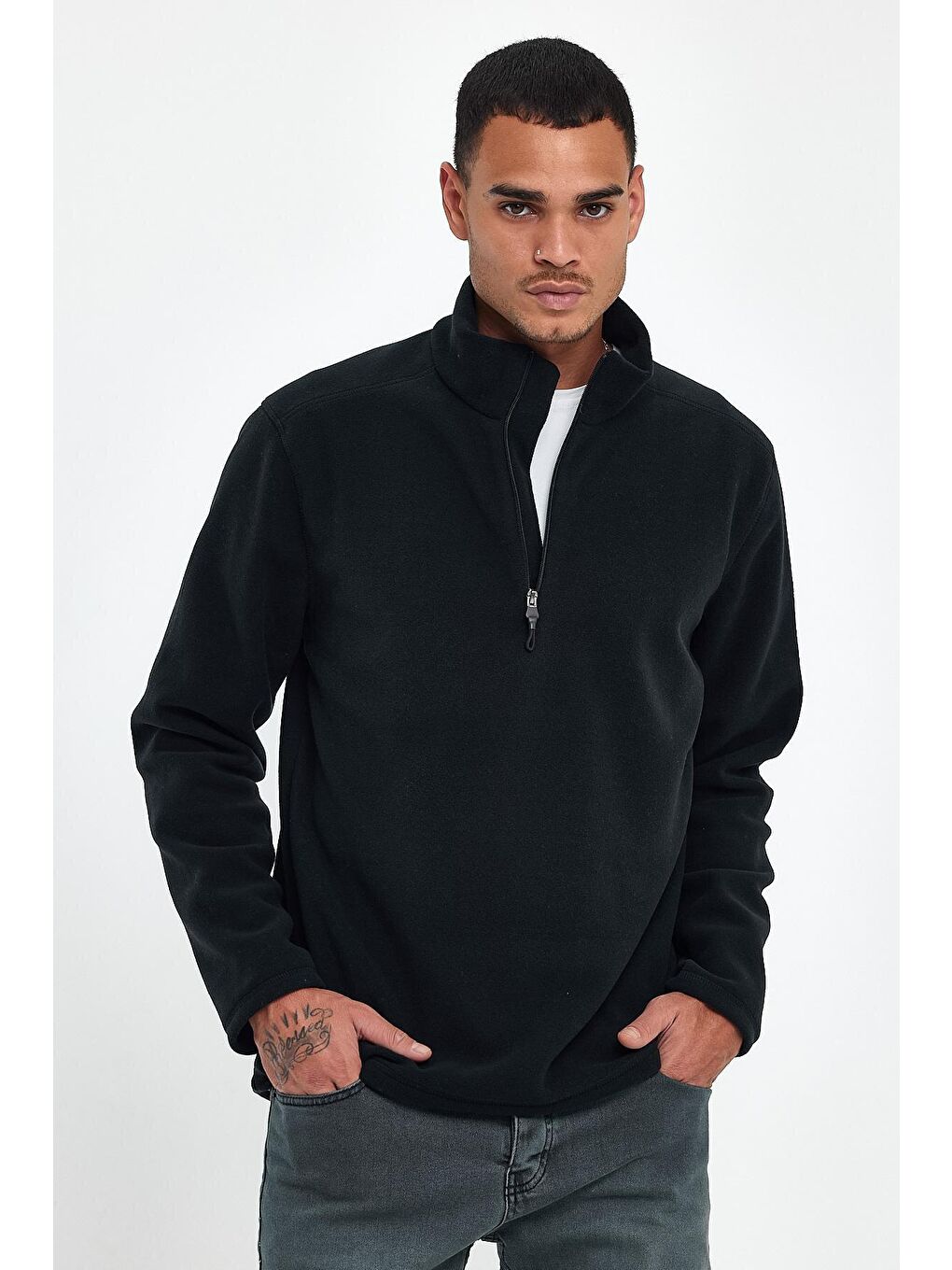 Siyah Erkek Rahat Kalıp Softech Polar Yarım Fermuarlı Sweatshırt spr24pw20-3