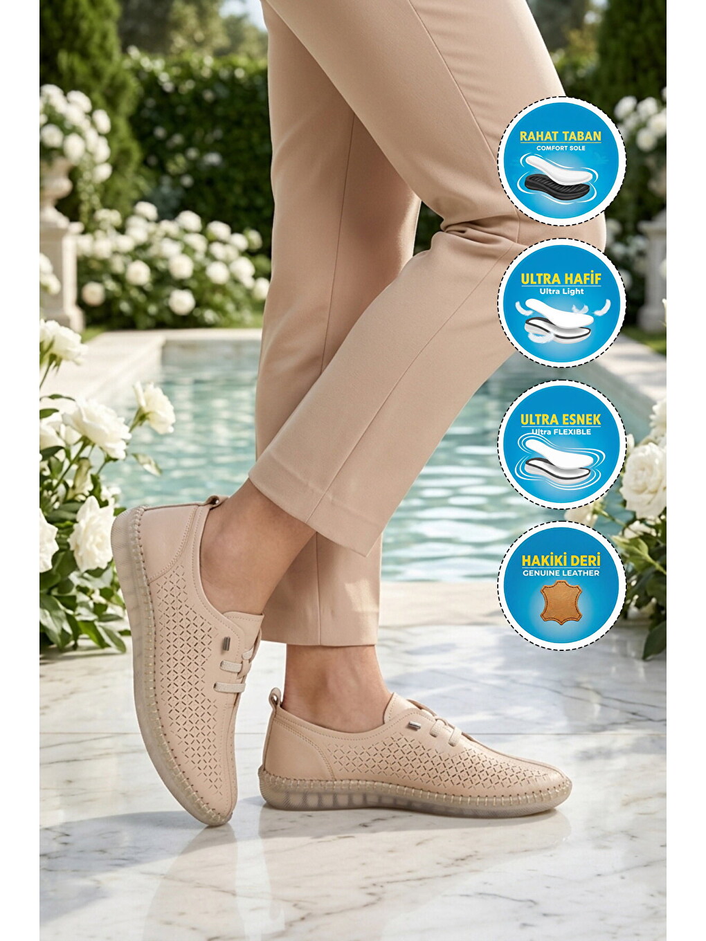 Bej Vizon Hakiki Deri Anatomik Kadın Casual Ayakkabı Premium 04034 Z-2