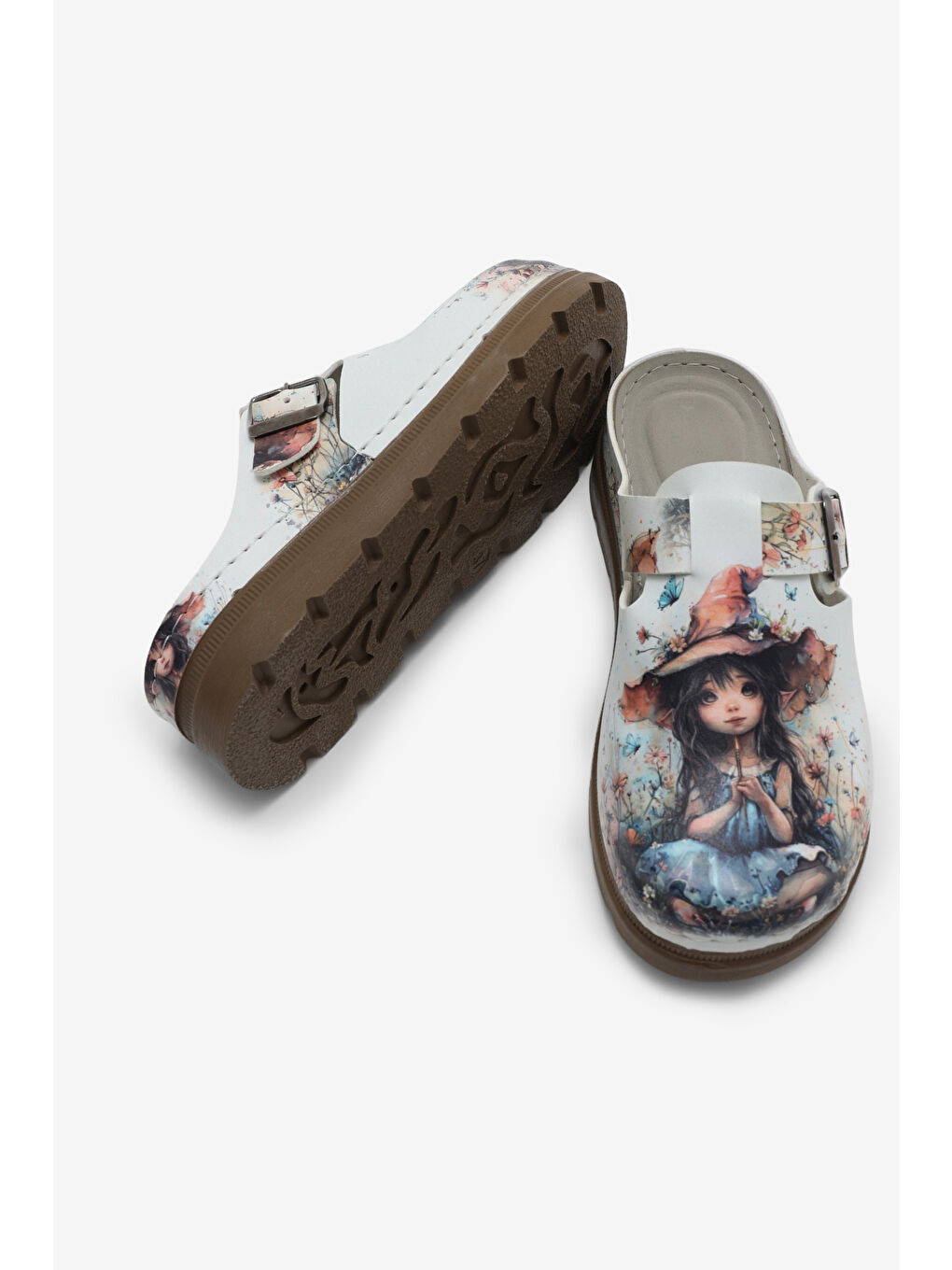 Kadın Beyaz Rahat Kalıp Baskılı Tokalı Terlik-4