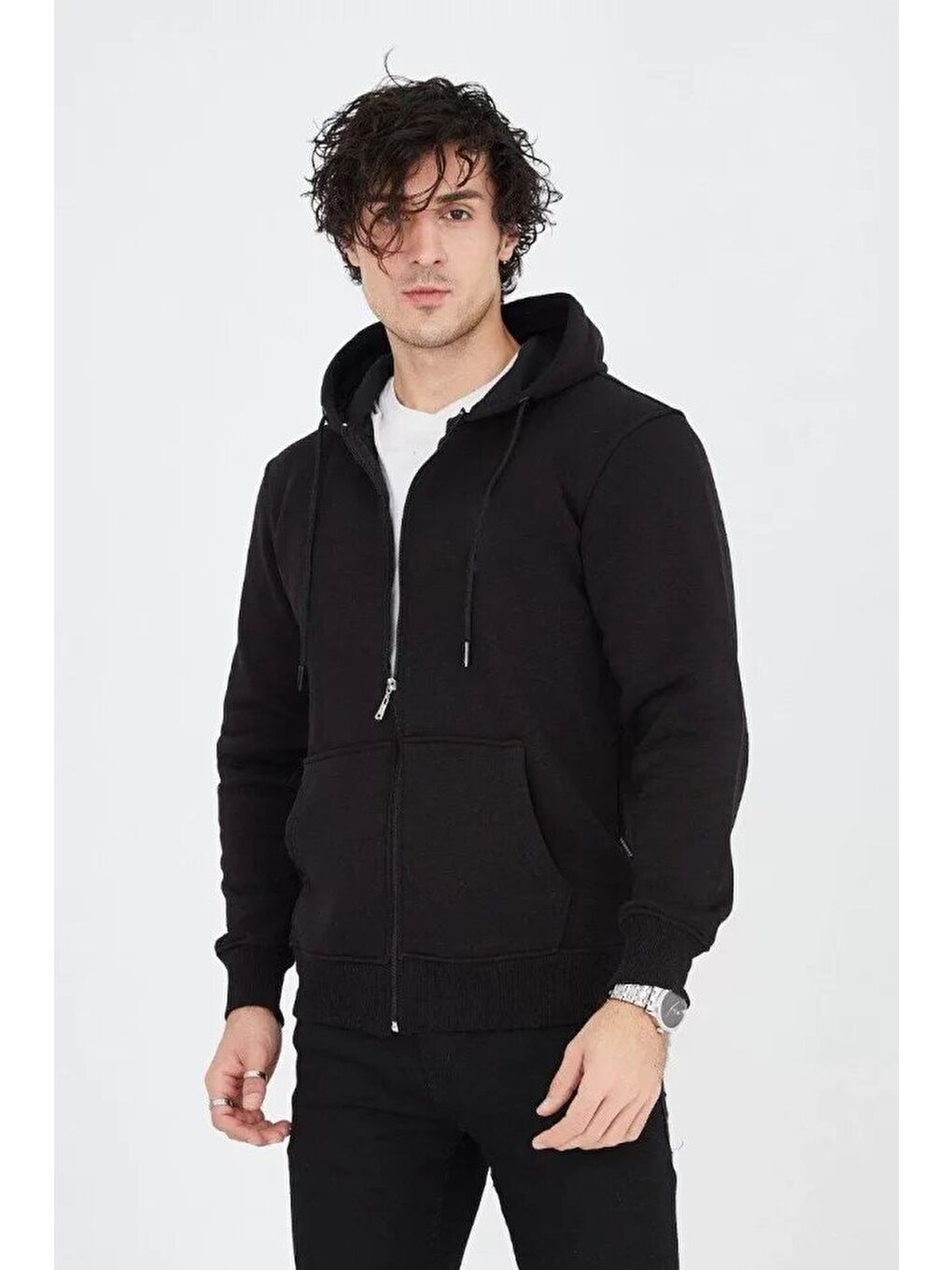 Erkek Kapüşonlu Düz Fermuarlı Hırka - Siyah-1