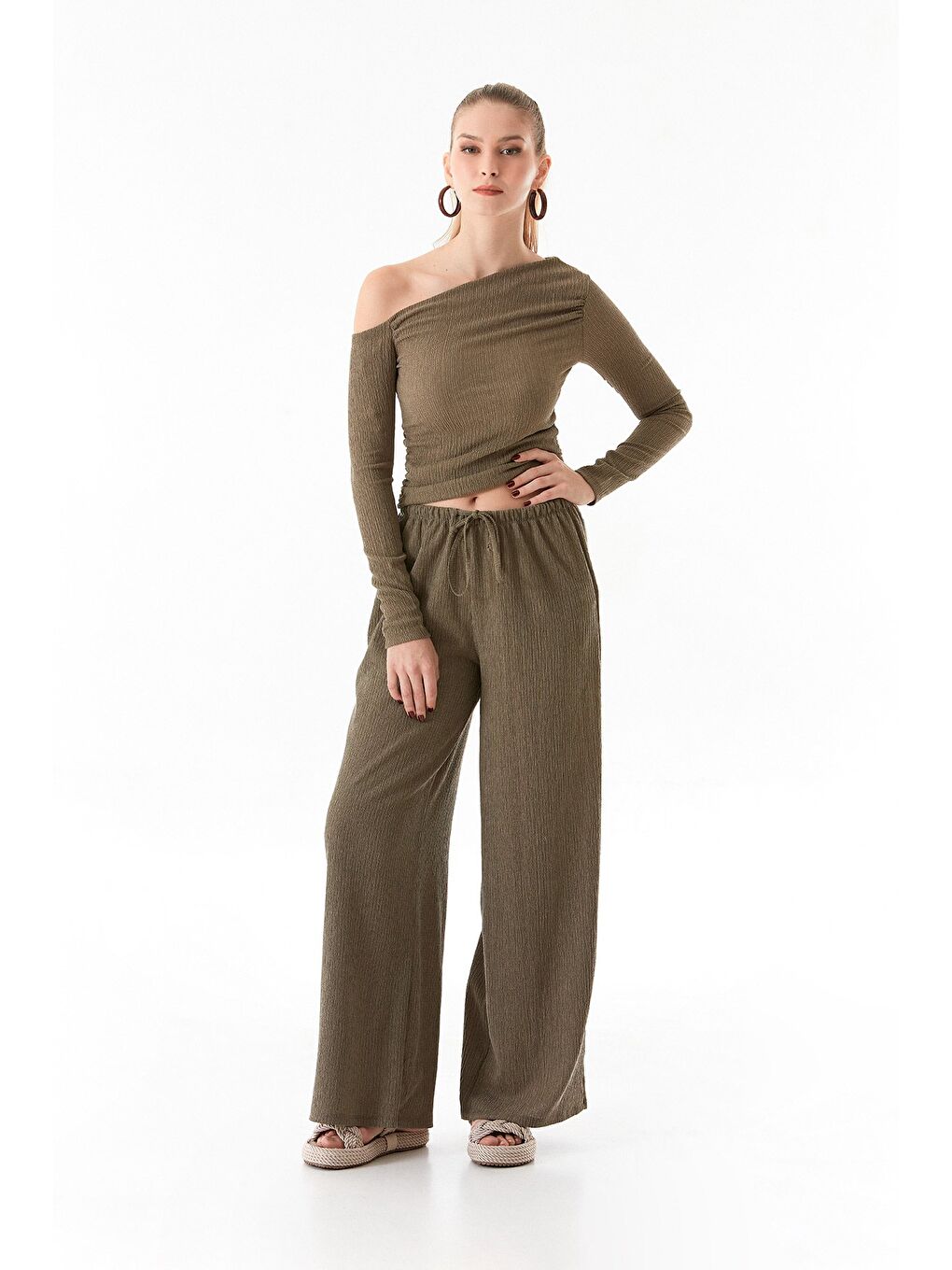 Haki Beli Lastikli Bürümcük Kumaş Palazzo  Pantolon-2