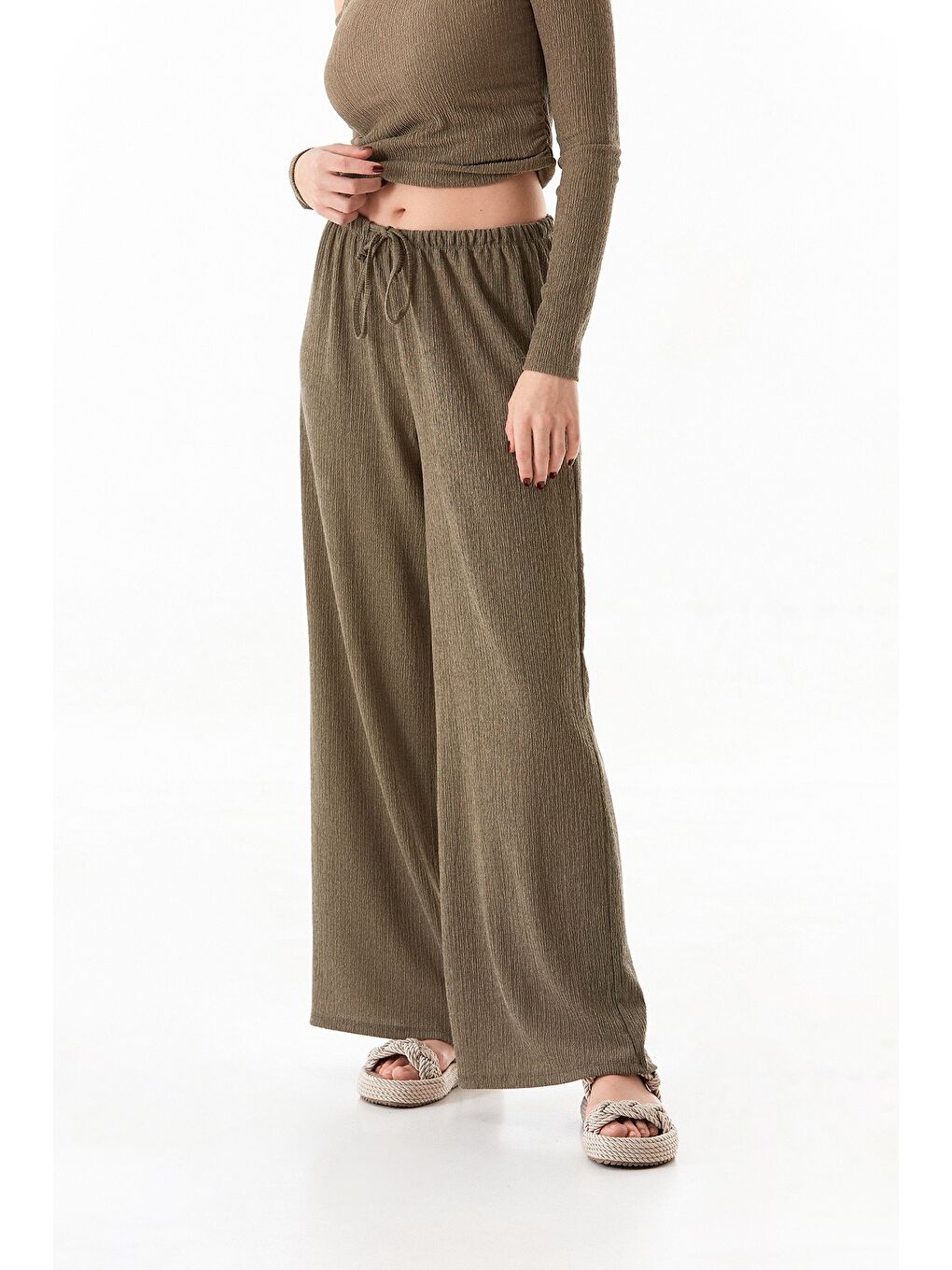 Haki Beli Lastikli Bürümcük Kumaş Palazzo  Pantolon-4