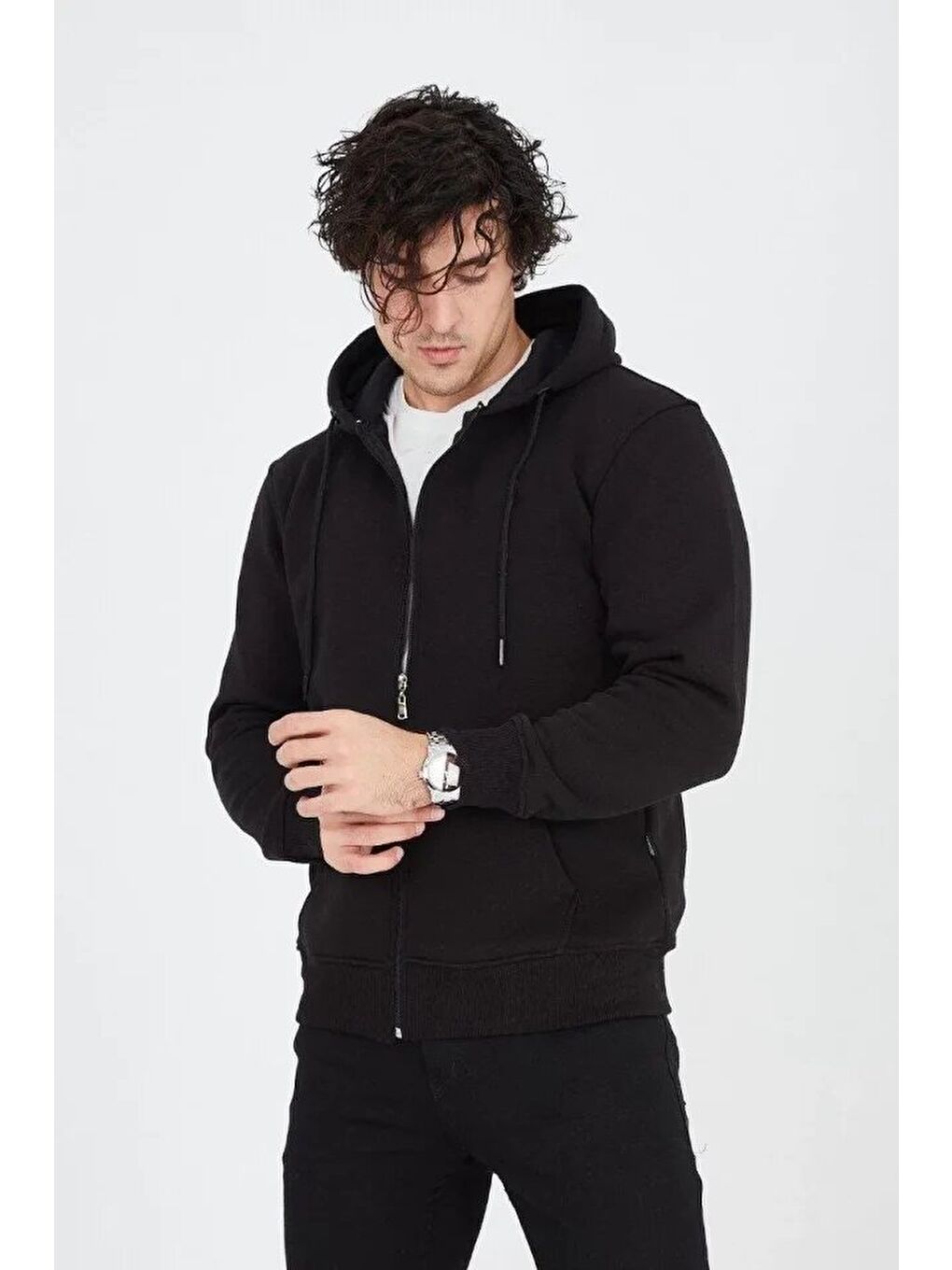 Erkek Kapüşonlu Düz Fermuarlı Hırka - Siyah-2