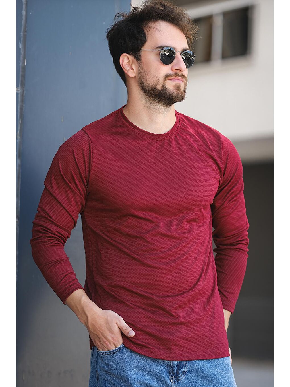 Bordo Betti Slim Fit Elastanlı Petek Kumaş Bisiklet Yaka Erkek Uzun Kol Tshirt