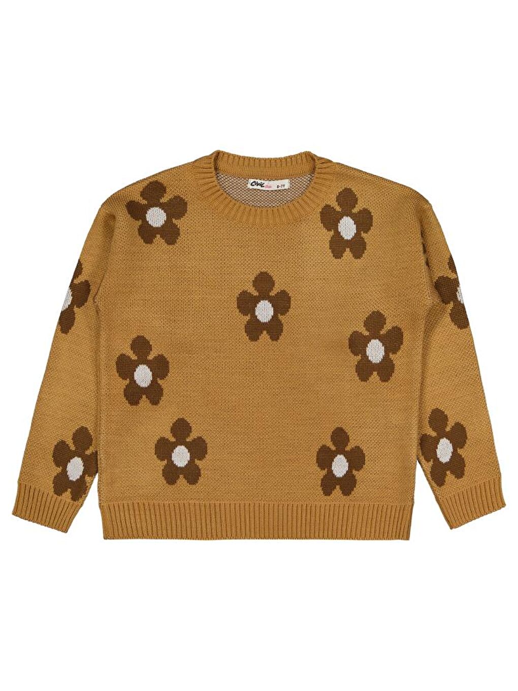 Kahverengi Girls Papatya Desenli 6-9 Yaş Kazak - Ekru 8-9 Yaş