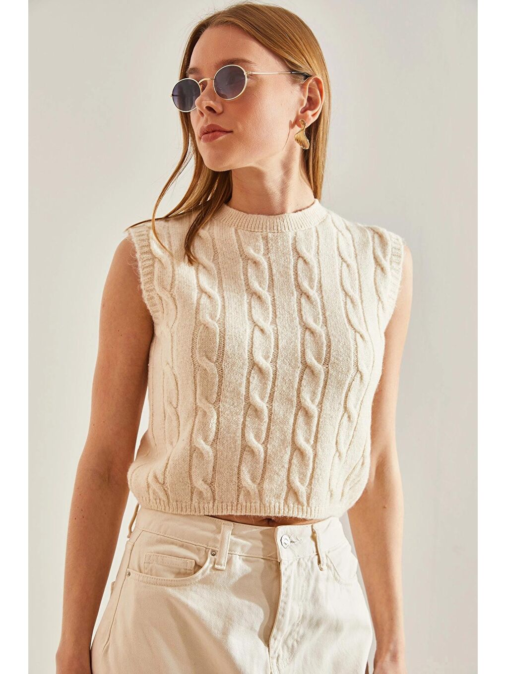 Bej Kadın Saç Örgülü Süveter