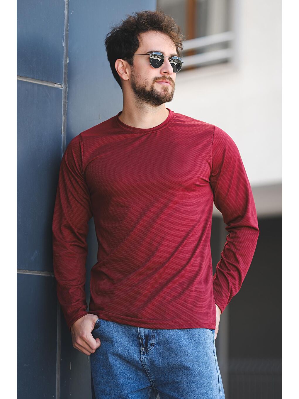 Bordo Betti Slim Fit Elastanlı Petek Kumaş Bisiklet Yaka Erkek Uzun Kol Tshirt-1