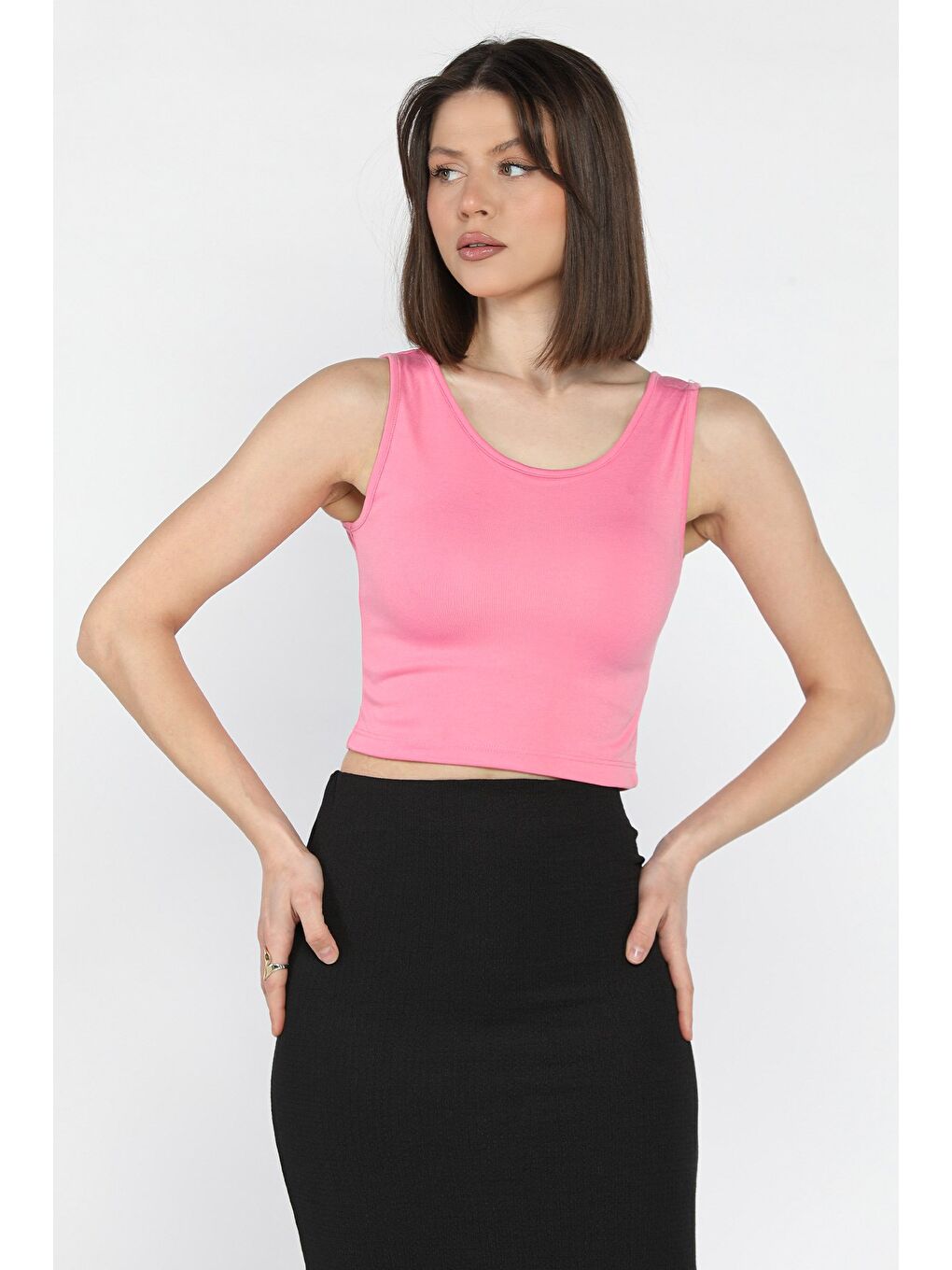 Pembe Kadın Kalın Askılı Kaşkorse Crop Top Bluz-1