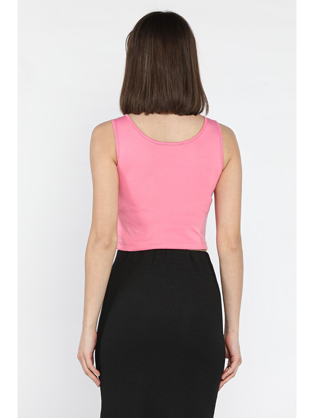Pembe Kadın Kalın Askılı Kaşkorse Crop Top Bluz-2