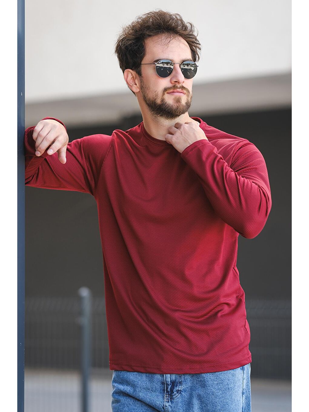 Bordo Betti Slim Fit Elastanlı Petek Kumaş Bisiklet Yaka Erkek Uzun Kol Tshirt-2