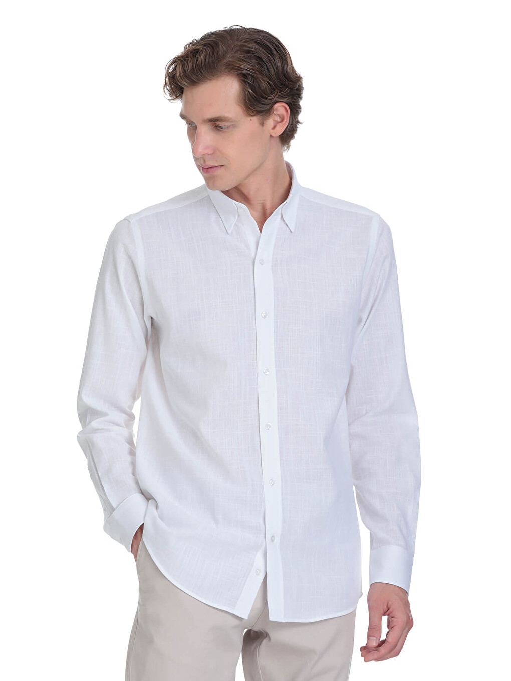 Beyaz Comfort Fit Düğmeli Yaka 100% Pamuk Uzun Kollu Casual Gömlek