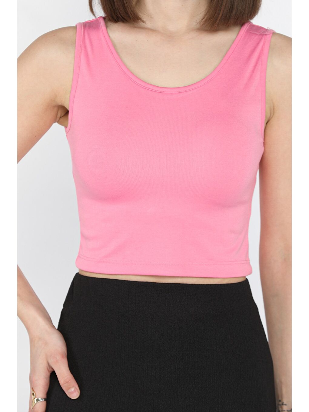Pembe Kadın Kalın Askılı Kaşkorse Crop Top Bluz-3
