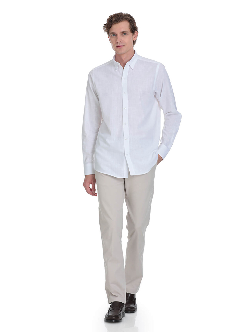 Beyaz Comfort Fit Düğmeli Yaka 100% Pamuk Uzun Kollu Casual Gömlek-1