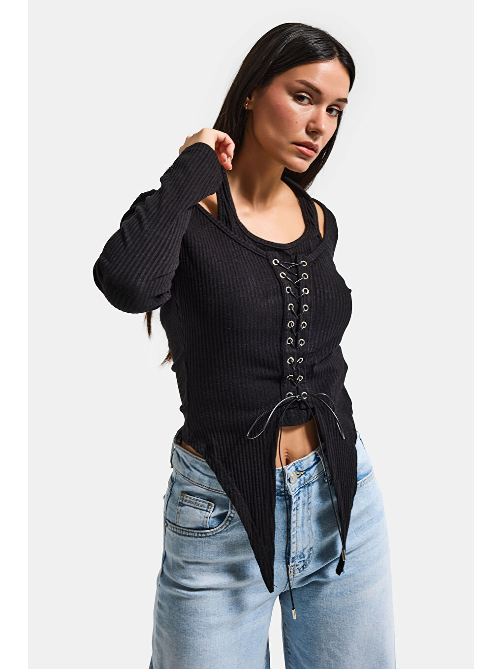 Kadın Siyah w5 Asimetrik Kesim Özel Tasarım Crop Top-1