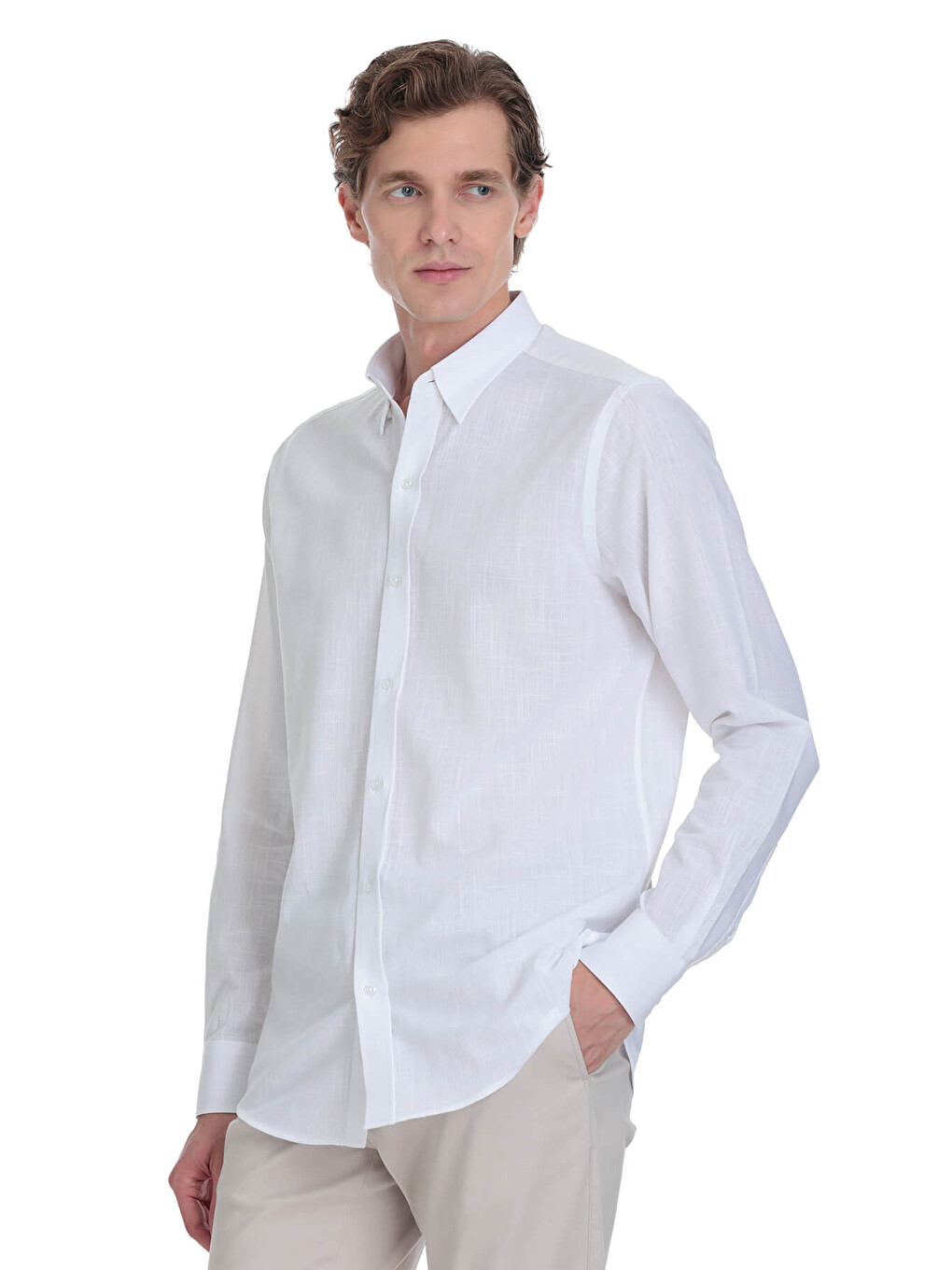 Beyaz Comfort Fit Düğmeli Yaka 100% Pamuk Uzun Kollu Casual Gömlek-2