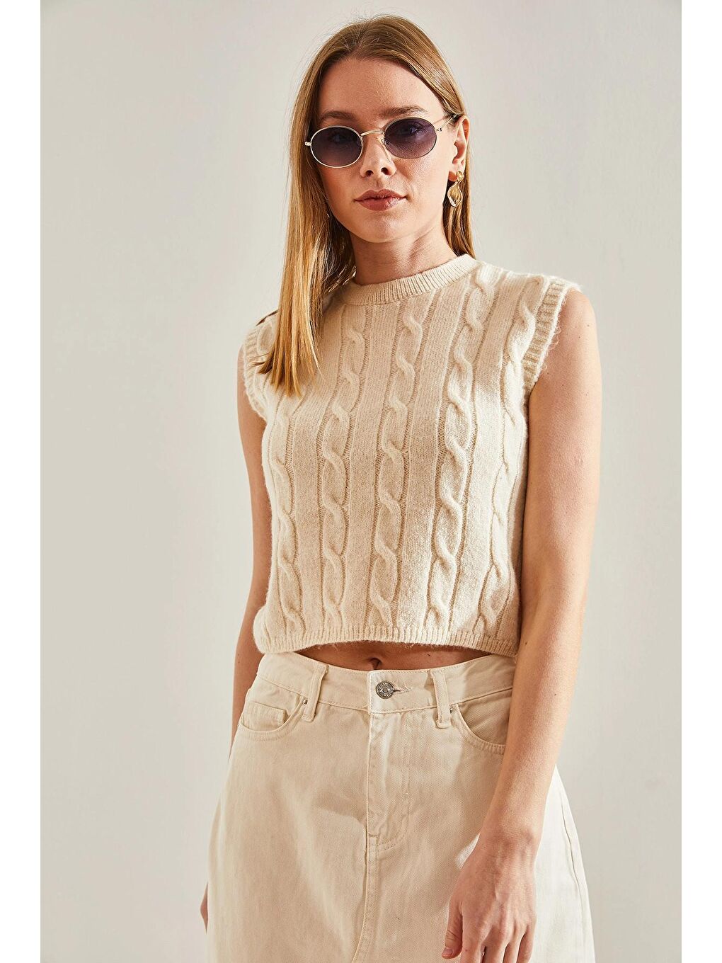 Bej Kadın Saç Örgülü Süveter-2