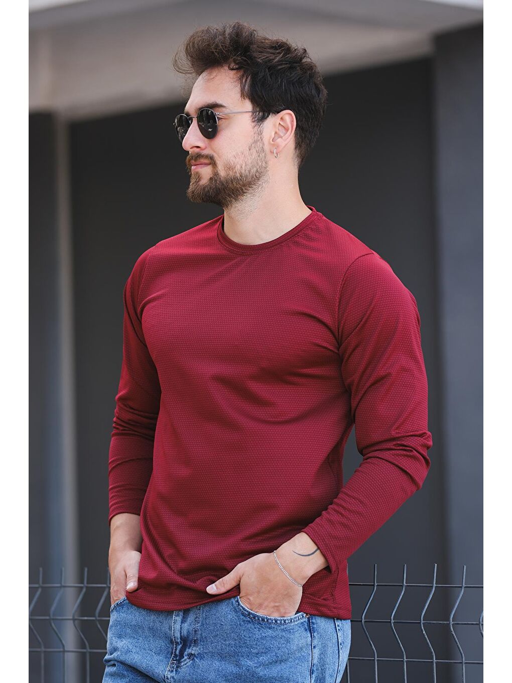 Bordo Betti Slim Fit Elastanlı Petek Kumaş Bisiklet Yaka Erkek Uzun Kol Tshirt-3