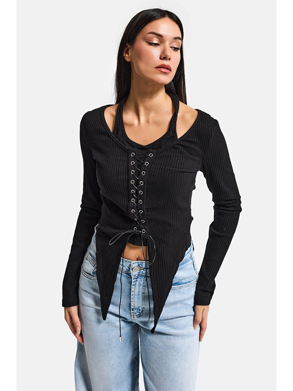 Kadın Siyah w5 Asimetrik Kesim Özel Tasarım Crop Top-3
