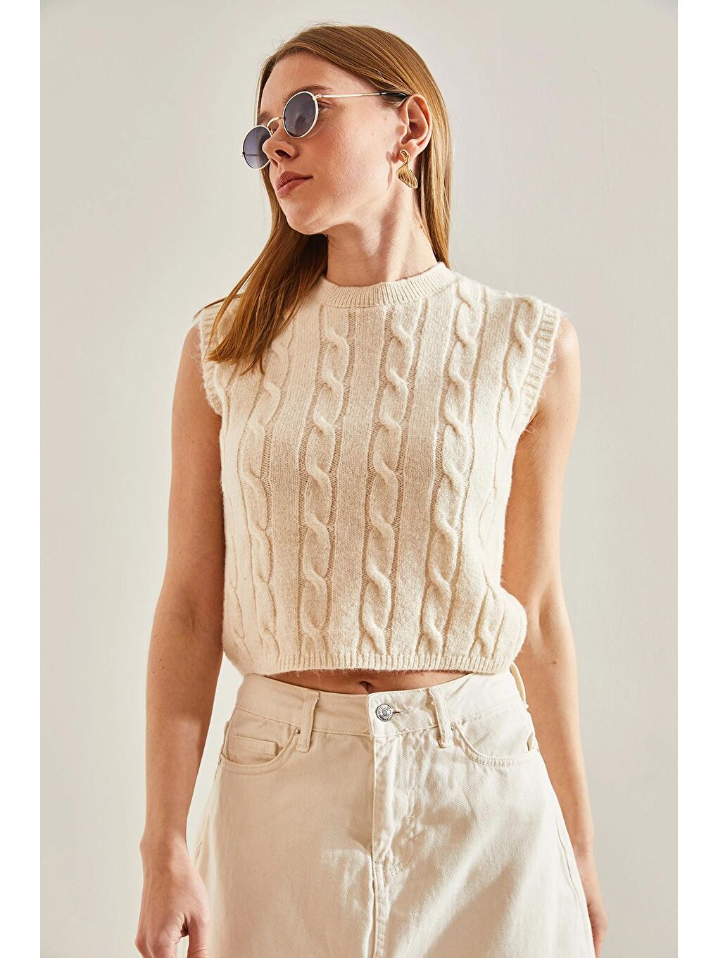 Bej Kadın Saç Örgülü Süveter-3