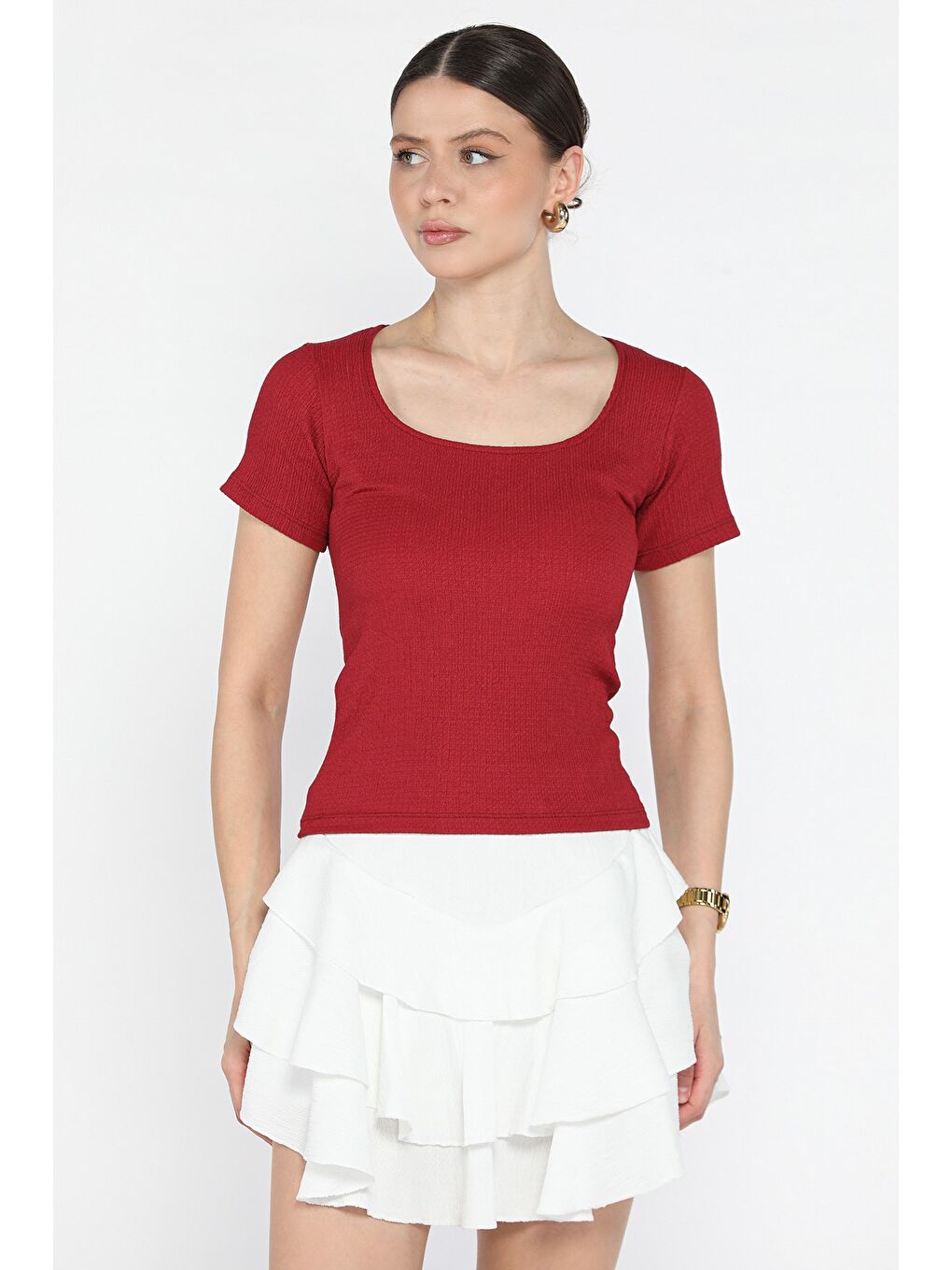 Bordo Kadın Kare Yaka Bürümcük Bluz