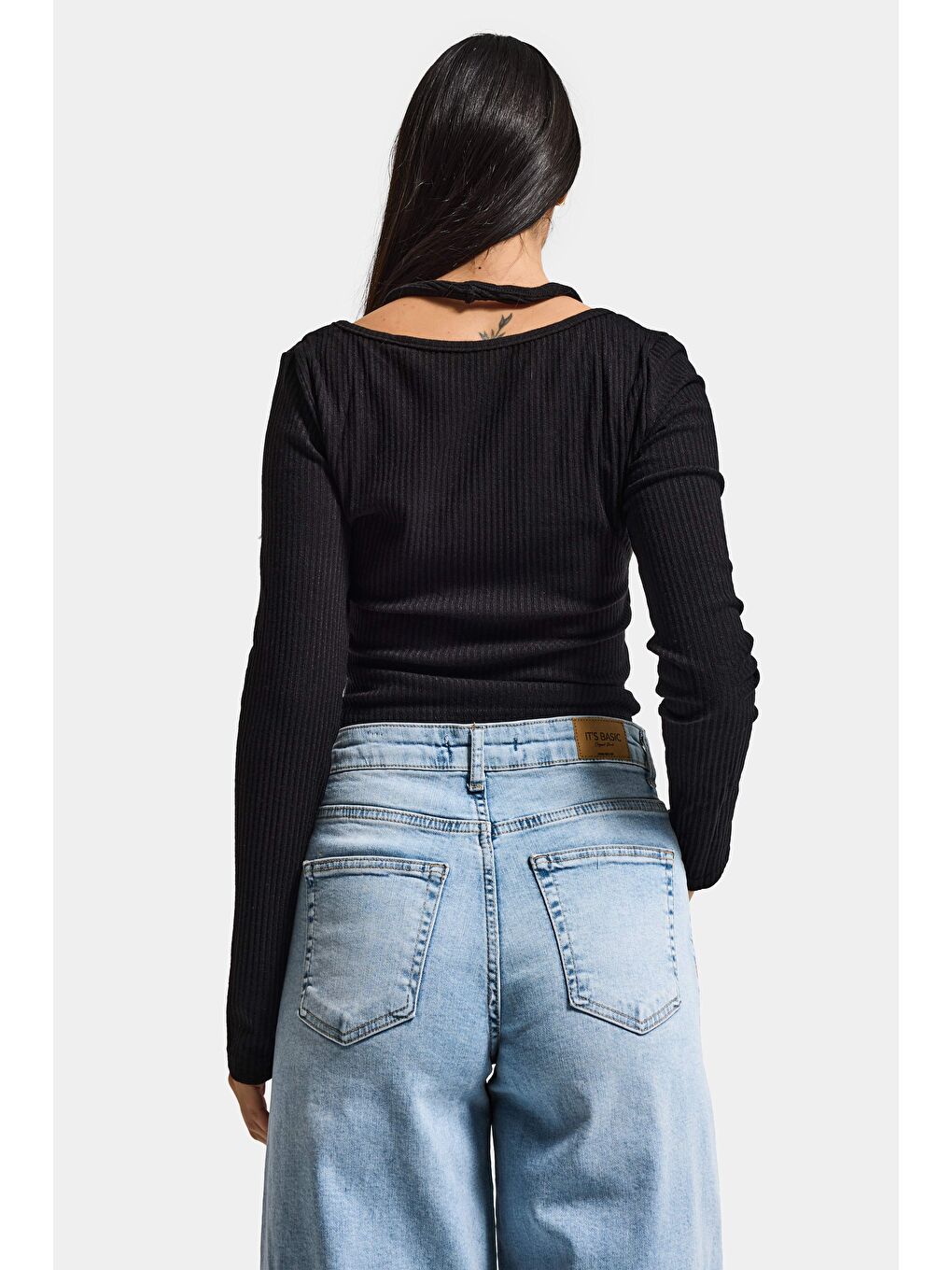 Kadın Siyah w5 Asimetrik Kesim Özel Tasarım Crop Top-5