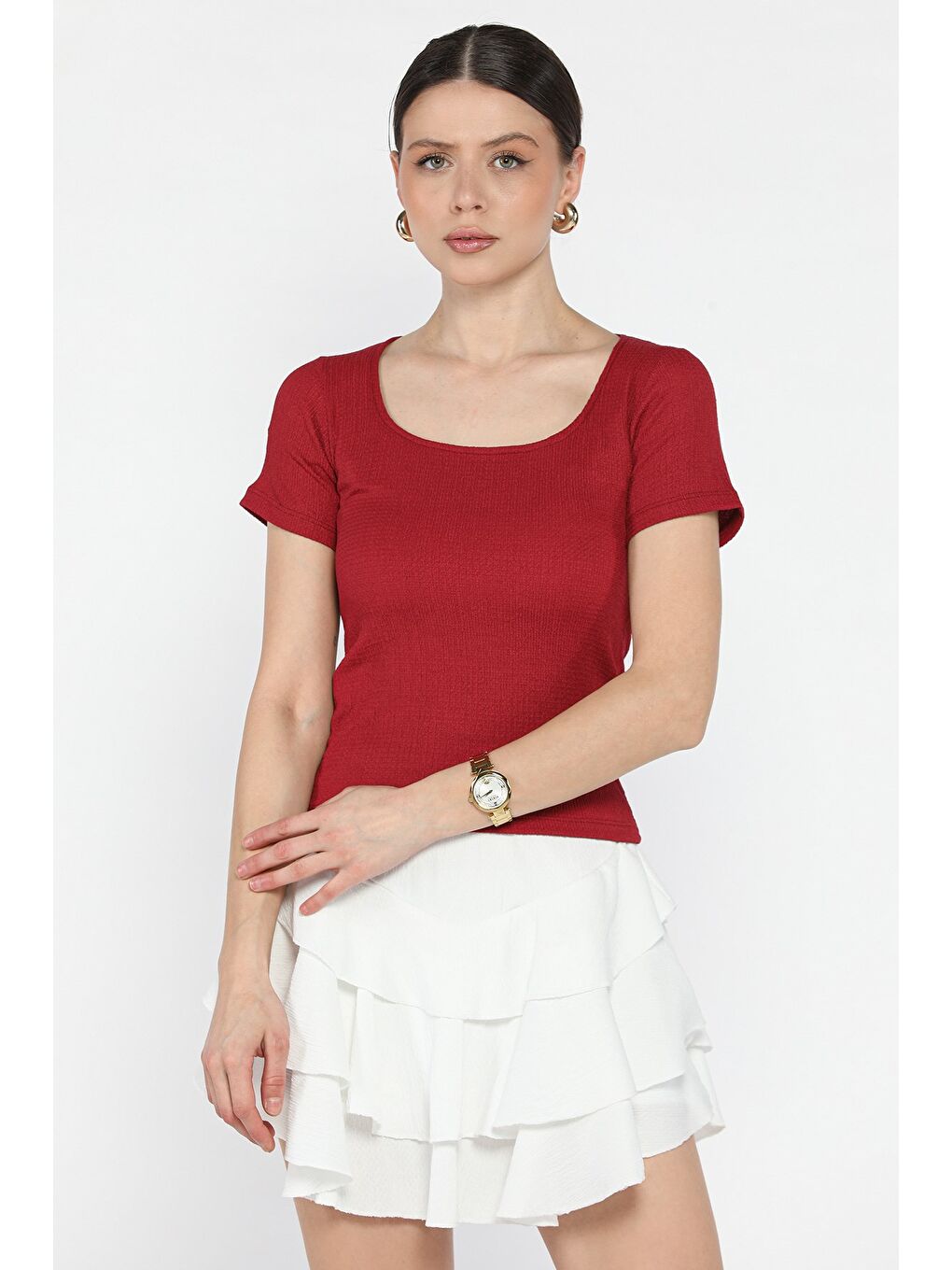 Bordo Kadın Kare Yaka Bürümcük Bluz-1