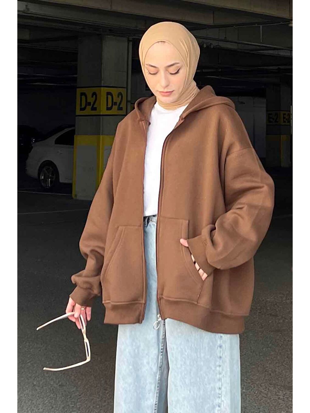 Kapüşonlu Oversize Yan Cepli Sweat Acı Kahverengi-1