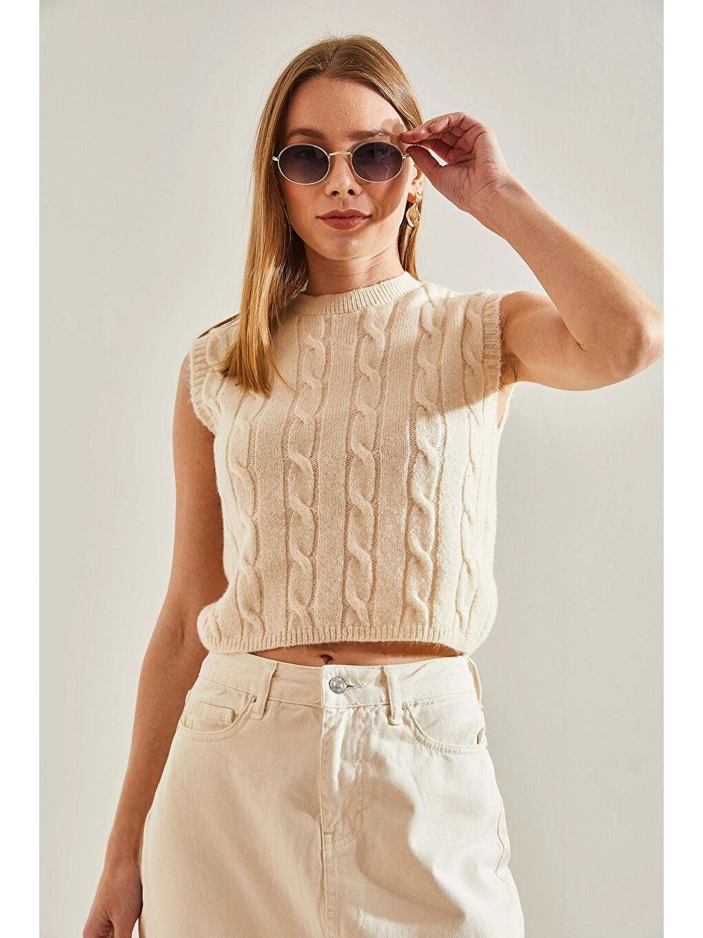 Bej Kadın Saç Örgülü Süveter-4