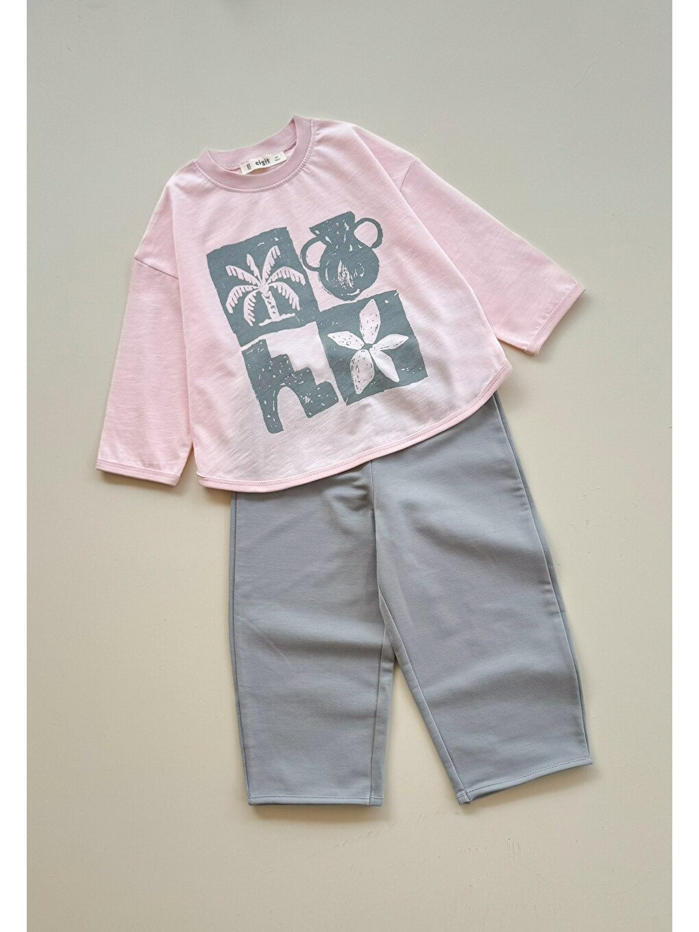 Oversize Uzun Kollu T-shirt Takım 2-8 Yaş Pudra Pembe
