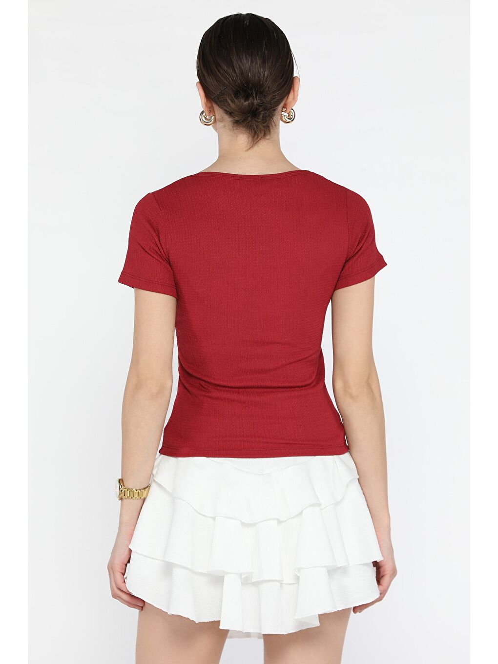 Bordo Kadın Kare Yaka Bürümcük Bluz-2