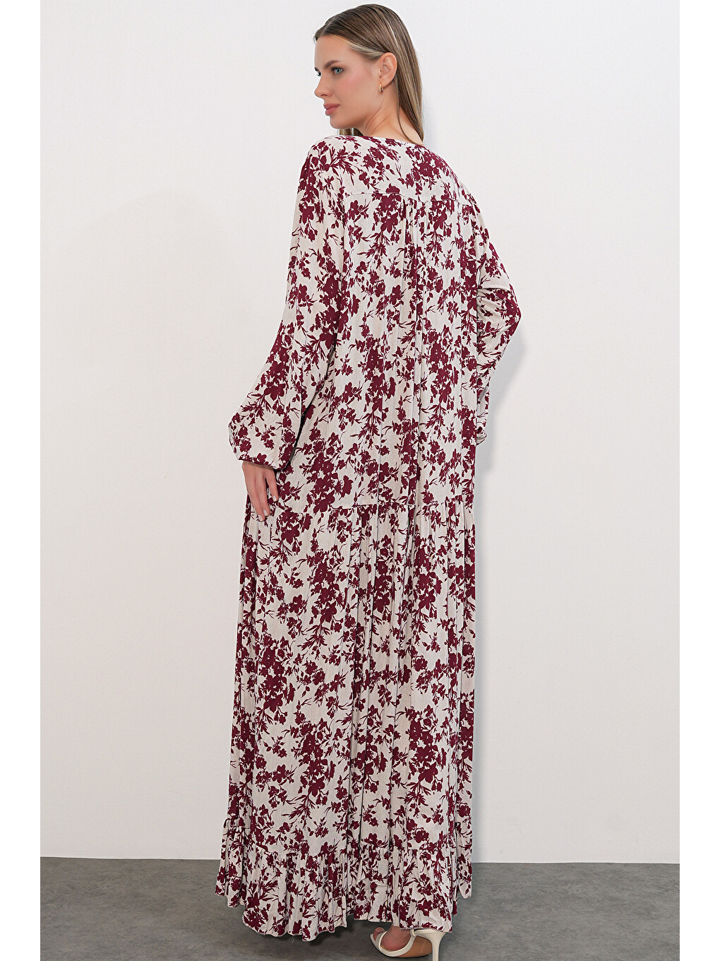 Kadın Desenli Uzun Elbise 2596 - Bordo-5