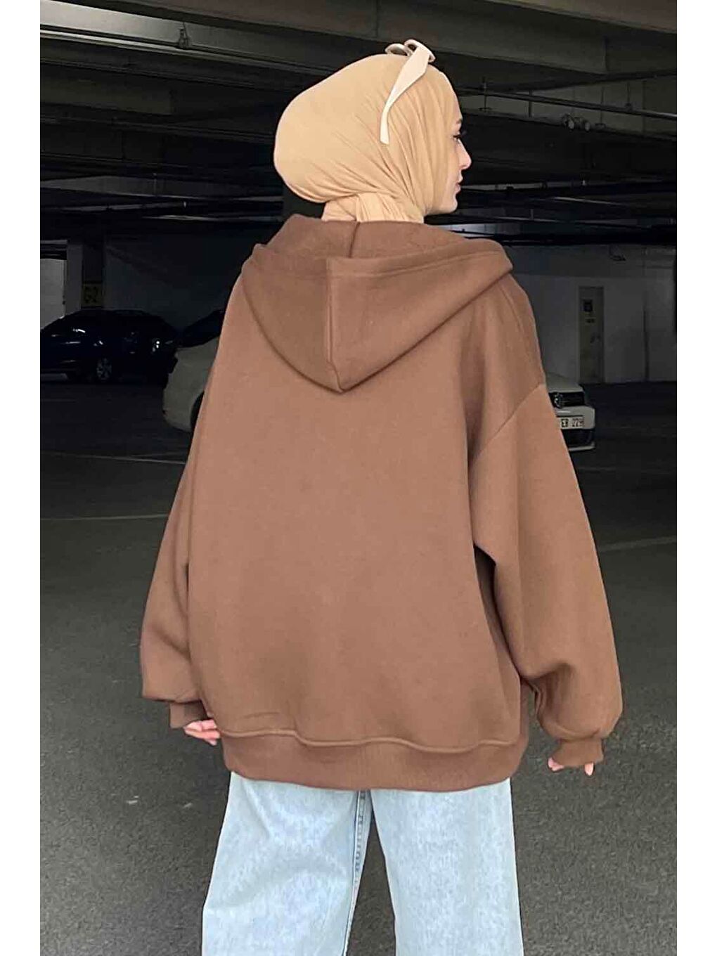 Kapüşonlu Oversize Yan Cepli Sweat Acı Kahverengi-3