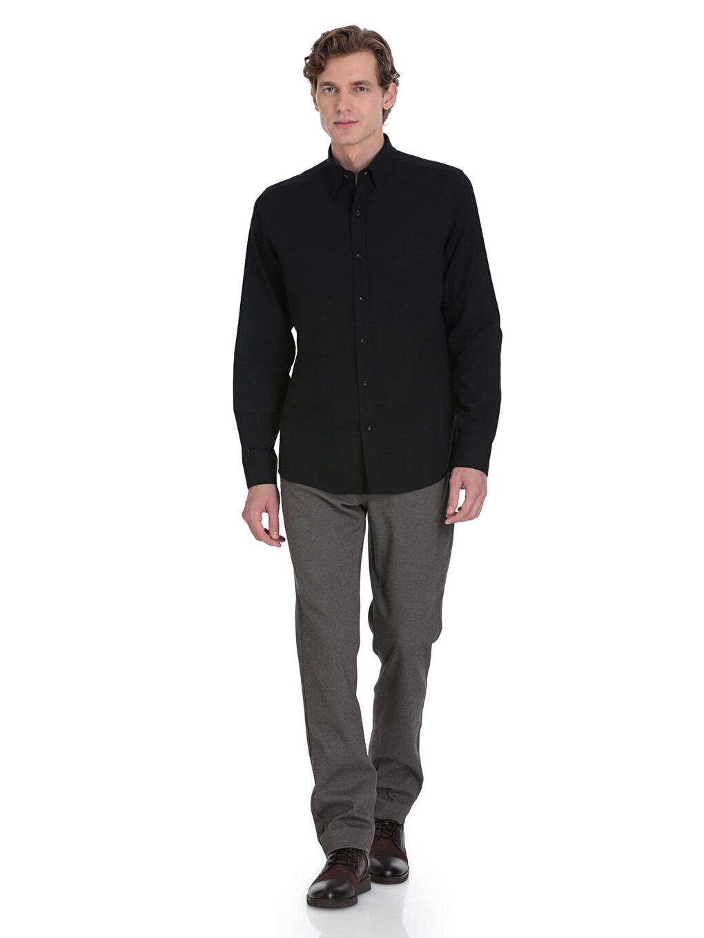 Siyah Comfort Fit Düğmeli Yaka 100% Pamuk Uzun Kollu Casual Gömlek-1