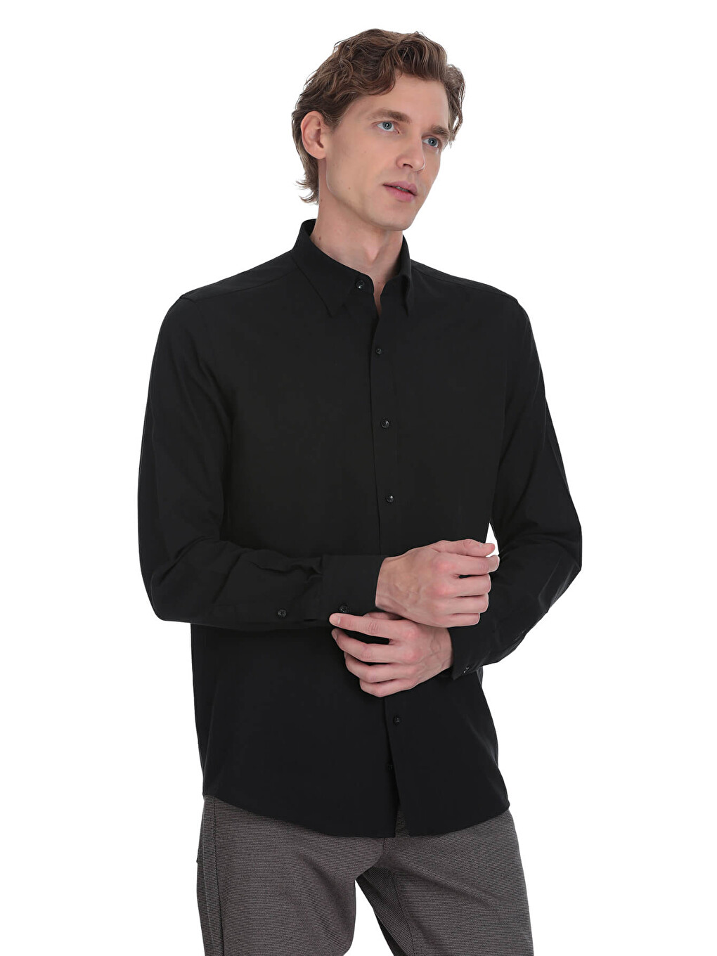 Siyah Comfort Fit Düğmeli Yaka 100% Pamuk Uzun Kollu Casual Gömlek-2