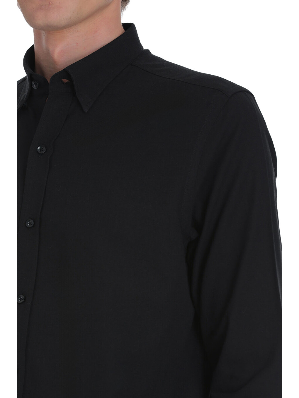 Siyah Comfort Fit Düğmeli Yaka 100% Pamuk Uzun Kollu Casual Gömlek-3