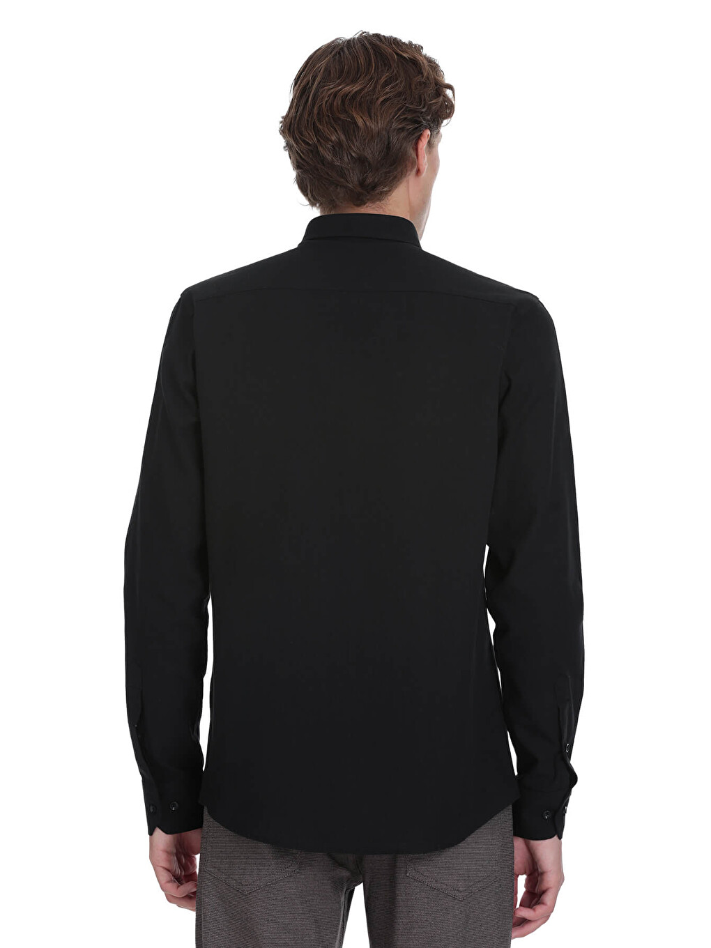 Siyah Comfort Fit Düğmeli Yaka 100% Pamuk Uzun Kollu Casual Gömlek-4