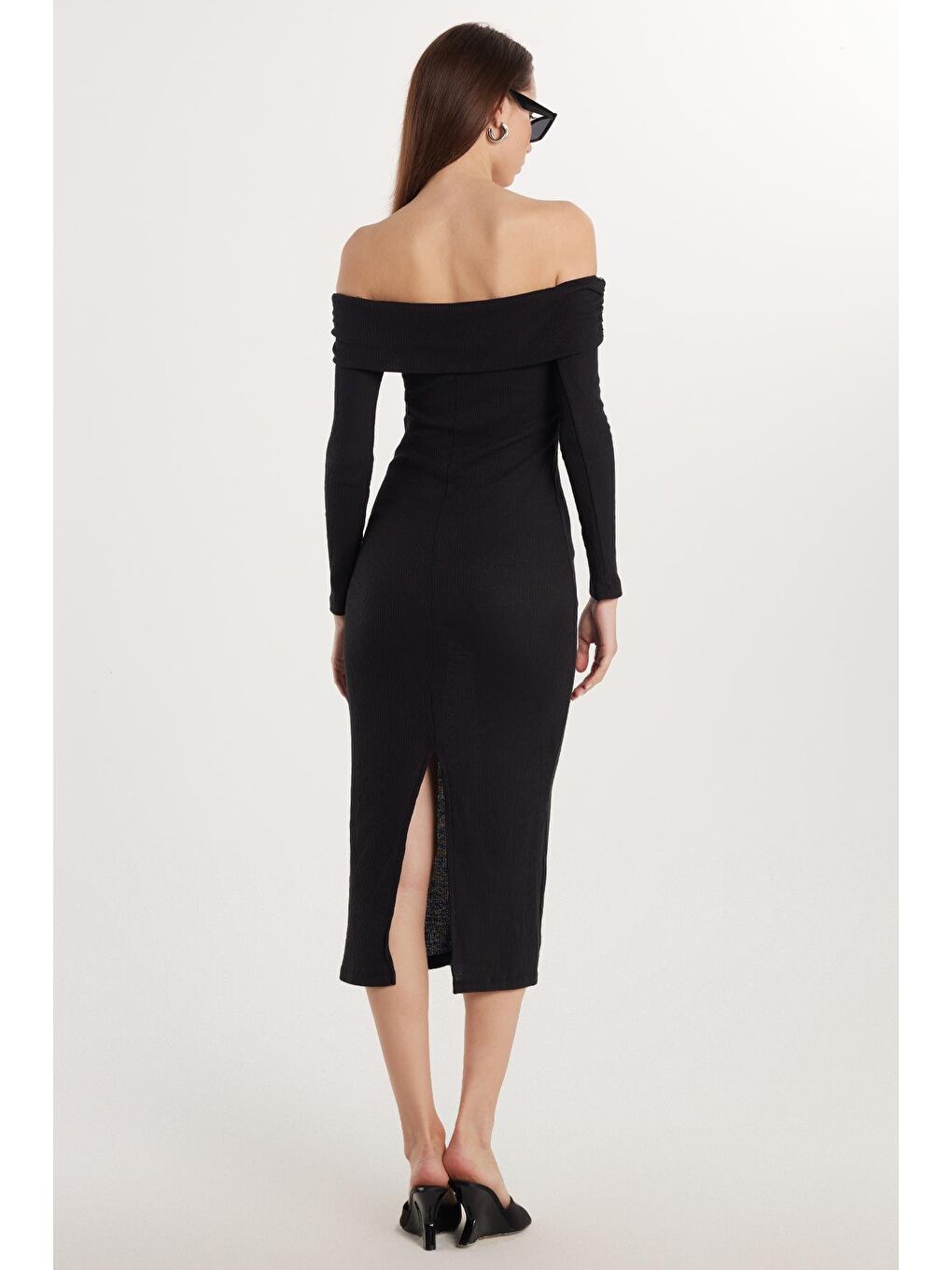 Kadın Slim Fit Dar Kesim Uzun Kollu Straplez Siyah Elbise-4