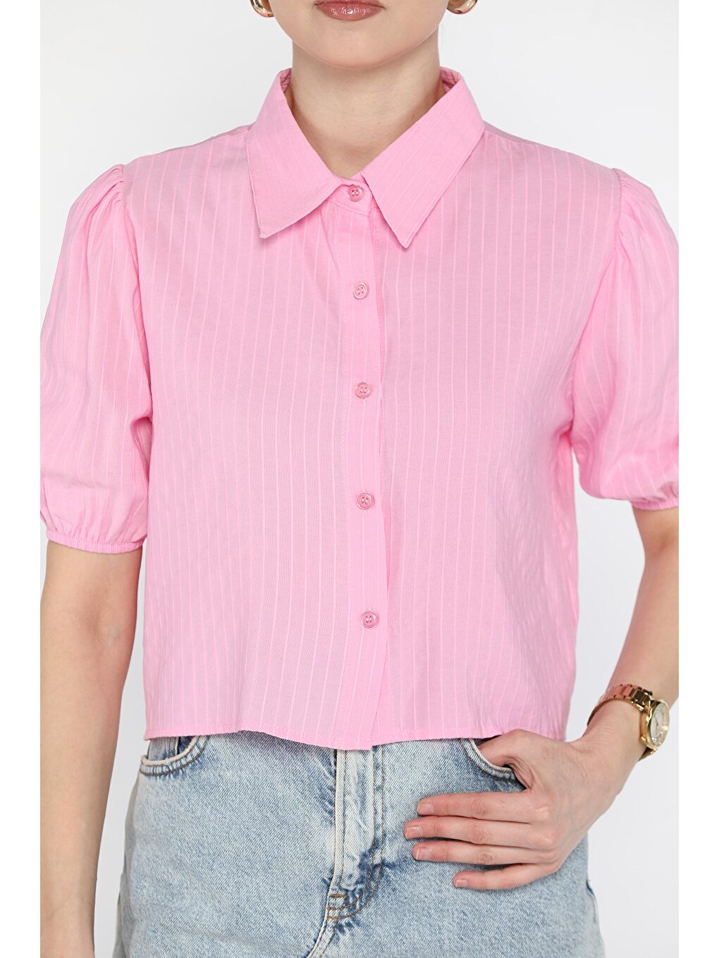 Pembe Kadın Balon Kol Çizgi Desenli Gömlek-2