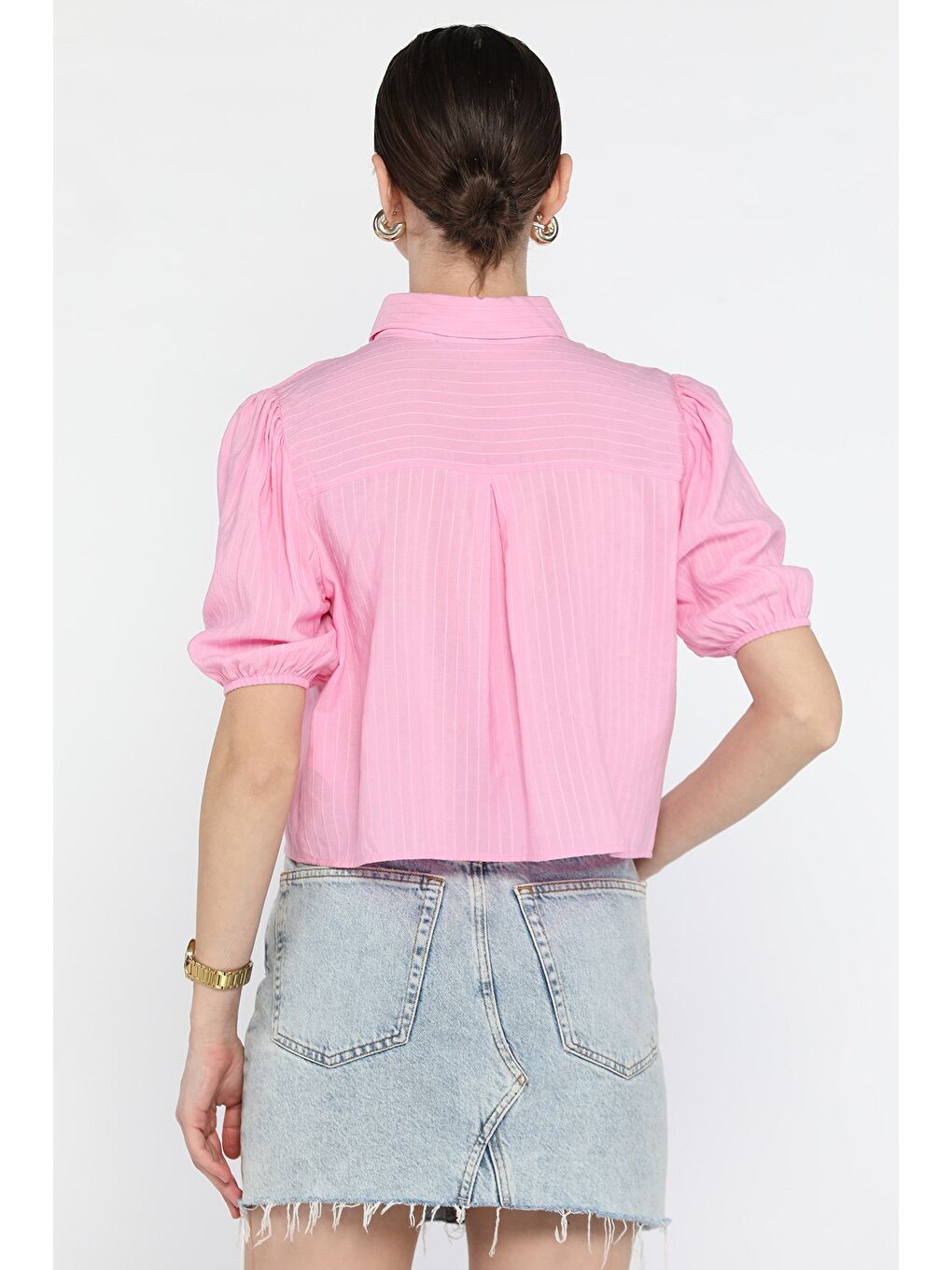 Pembe Kadın Balon Kol Çizgi Desenli Gömlek-3
