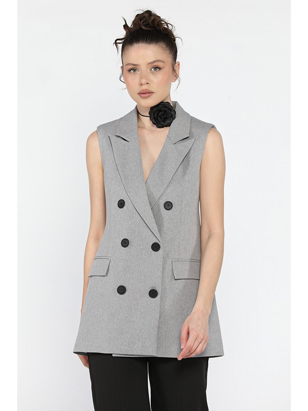 Gri Kadın Kruvaze Yaka Astarlı Yelek-1