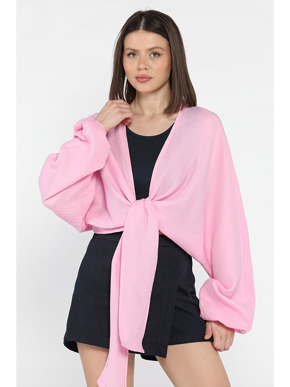 Pembe Kadın Ön Bağlamalı Yarasa Kol Bluz