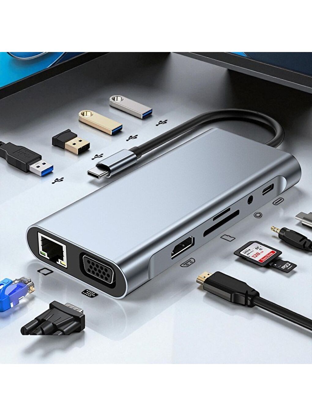 Type-c To Hdmı Rj45 Type-c Sd Kart Usb 3.0 X 2 Vga Macbook 11in1 Çevirici Adaptör-1