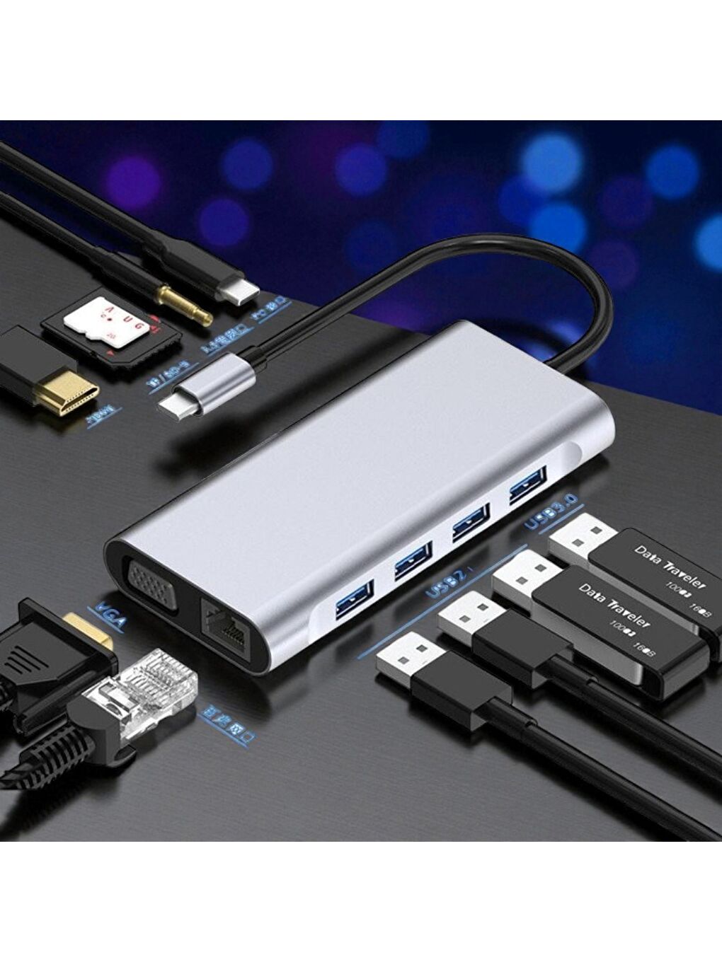 Type-c To Hdmı Rj45 Type-c Sd Kart Usb 3.0 X 2 Vga Macbook 11in1 Çevirici Adaptör-2