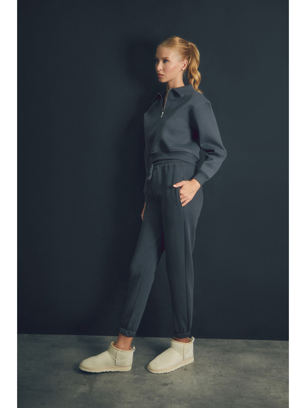 Gri Beli Lastikli Cepli Jogger Eşofman Altı-1