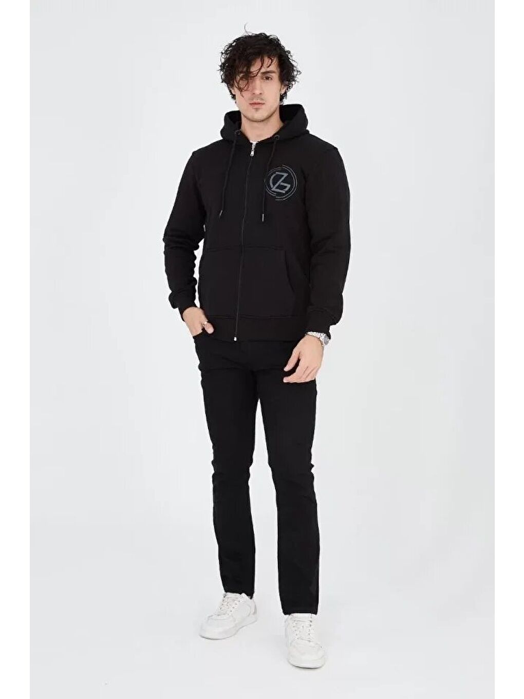 Erkek Kapüşonlu Baskılı Fermuarlı Hırka - Siyah
