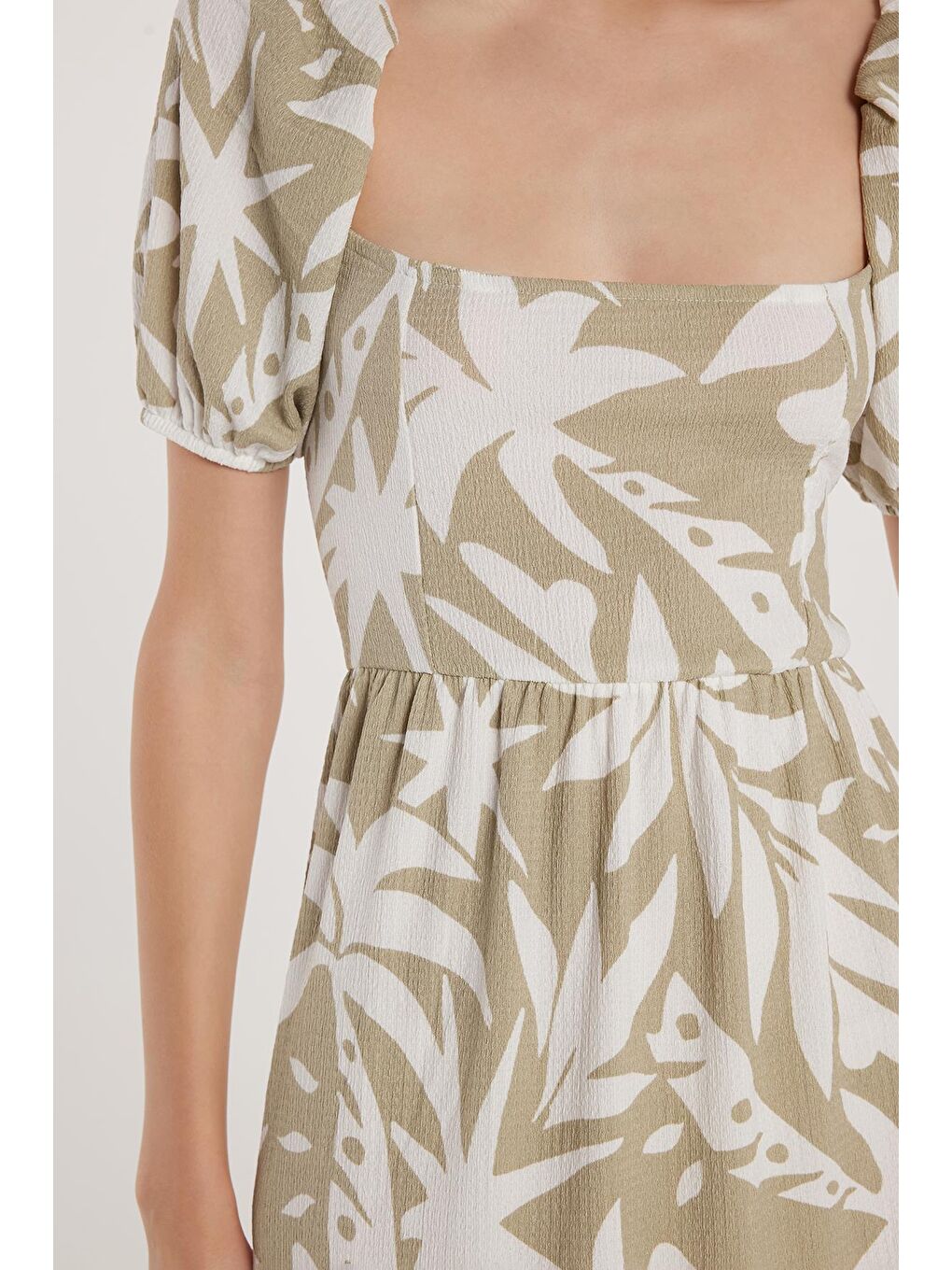 Karışık Kadın Slim Fit Dar Kesim Kısa Kollu Lastikli Kare Yaka Baskılı Elbise-2