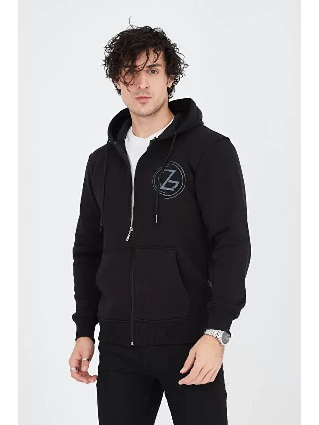 Erkek Kapüşonlu Baskılı Fermuarlı Hırka - Siyah-2