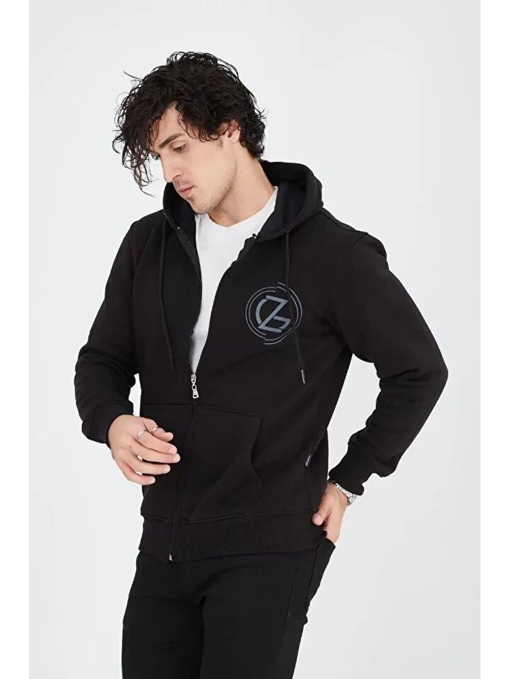Erkek Kapüşonlu Baskılı Fermuarlı Hırka - Siyah-3