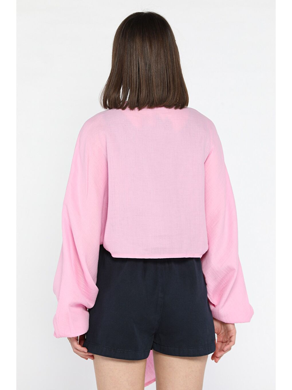 Pembe Kadın Ön Bağlamalı Yarasa Kol Bluz-3